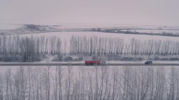 Side View Copter Red White Tanker Truck Driving Road Winter — Stock Video