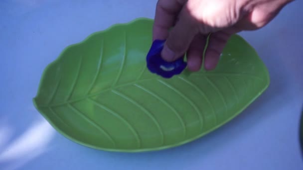 亚洲人的手把一些阴蒂花放在叶子形状的盘子上 — 图库视频影像