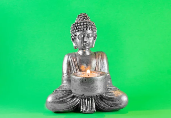 Buddha Statue Lit Candle Green Screen — Stockfoto