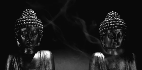 Buddha Statues Side Side Black Background Space Text — Foto de Stock