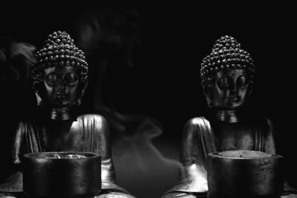 Buddha Statues Side Side Black Background Space Text — Stok fotoğraf