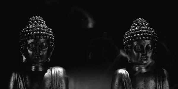 Buddha Statues Side Side Black Background Space Text — 图库照片