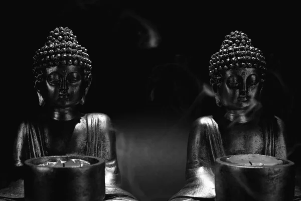 Buddha Statues Side Side Black Background Space Text —  Fotos de Stock