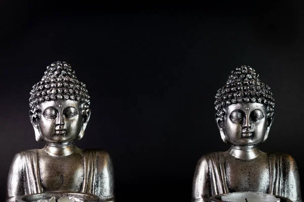 Статуї Будди Пліч Пліч Чорний Фон Простір Тексту — стокове фото