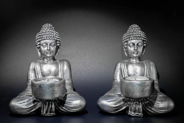Buddha Statues Side Side Black Background Space Text — Foto de Stock