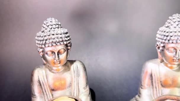 Two Buddhas Burning Candles Black Background — Stockvideo