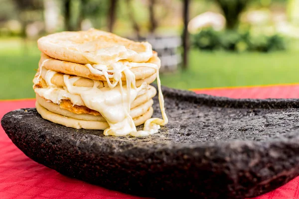 Typical Salvadoran Dish Cheese Pupusas Cabbage Tomato Sauce Rice Corn — Stock Photo, Image