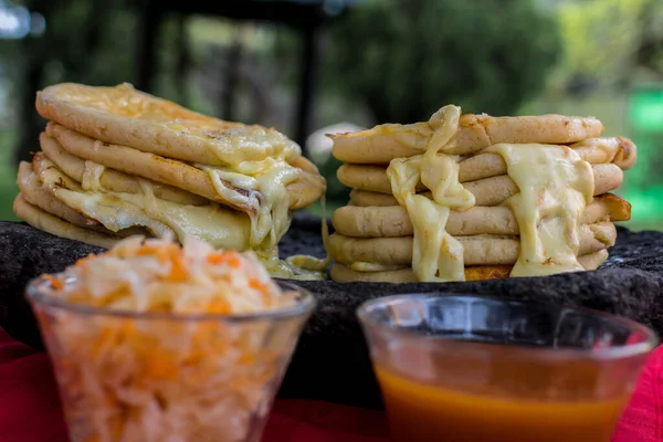 Typical Salvadoran Dish Cheese Pupusas Cabbage Tomato Sauce Rice Corn — Photo