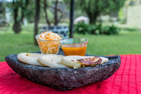 Typical Salvadoran Dish Cheese Pupusas Cabbage Tomato Sauce Rice Corn — Stok fotoğraf