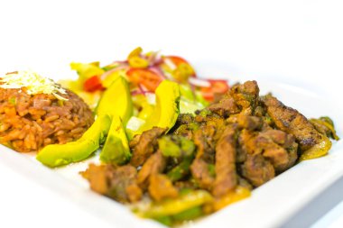 snack to eat with beer. meat, avocado, fresh salad, chirimol