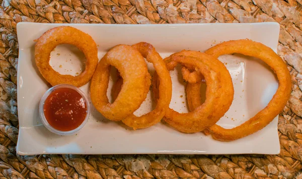 Onion Rings Served Tomato Sauce — Stok fotoğraf