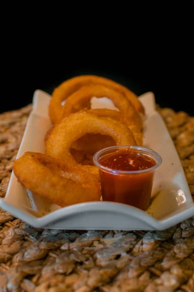Onion Rings Served Tomato Sauce — Photo