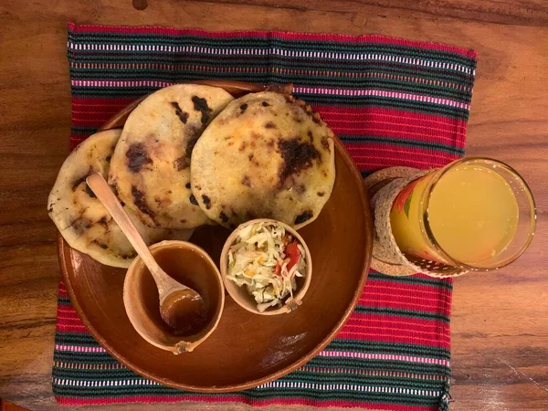 Typical Salvadoran Dish Cheese Pupusas Cabbage Tomato Sauce Rice Corn — Stock Photo, Image