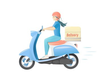 Delivery man on scooter isolated on white background. Parcel delivery. Online food delivery service. Transport courier. Shipping. Woman on the bike. Online order tracking. Vector illustration. 