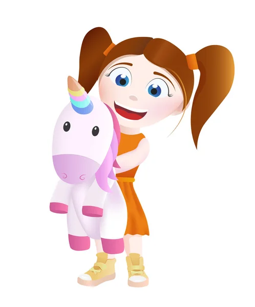 Cartoon cute little girl with a toy. Little girl hugging a unicorn. A happy child holds a unicorn in his hands. Vector isolated illustration.
