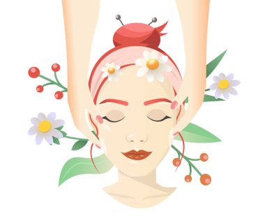 Skin care. Natural cosmetic. Beautician treats the skin of a young woman. Girl on the procedure at the doctor.Vector isolated illustration.