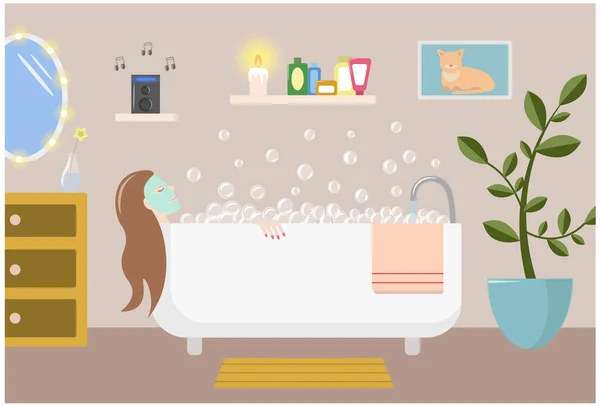 Girl relaxes in the bathroom. Vector illustration.