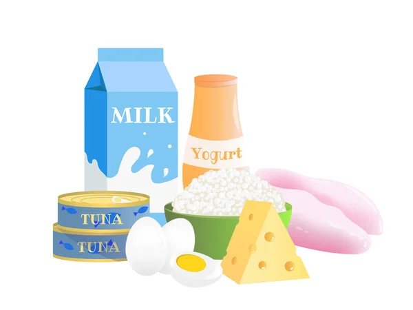 Foods high in protein. Proper nutrition. Nutrition during weight gain. Healthy food. Dairy products set. Isolated vector illustration