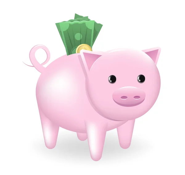Pink piggy bank isolated on white.  Vector illustration of a piggy bank with banknotes and coins.