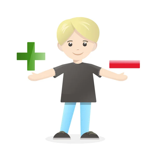 The guy holds plus and minus in his hands. Pros and cons. Isolated vector illustration.