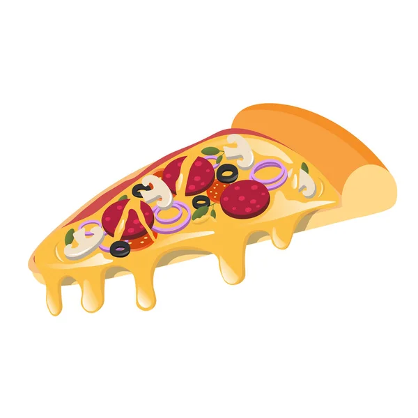 Delicious pizza with cheese, sausage, tomatoes and mushrooms.  Vector illustration.