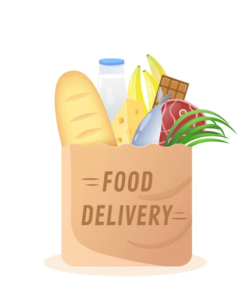 Food Delivery. Paper bag with groceries. Paper bag with food and drink. Bag icon with food. Isolated vector illustration.