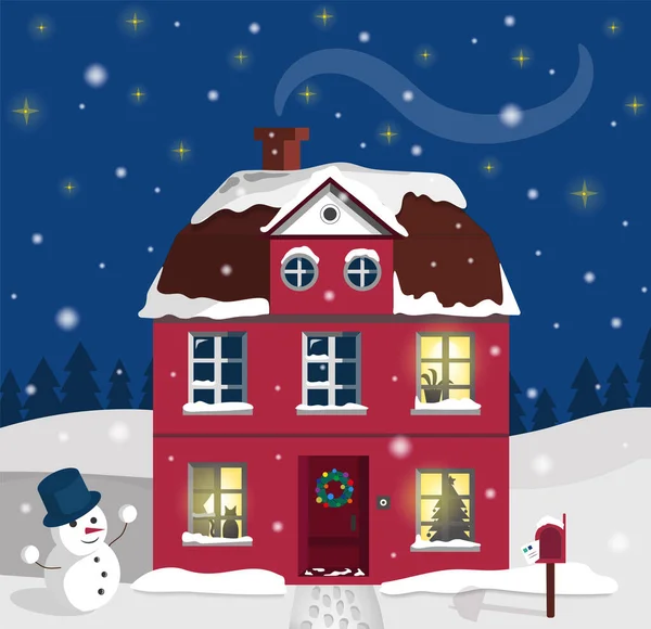 Festive Winter Illustration Cozy Snow Covered House Snowman Background Starry Gráficos De Vetores