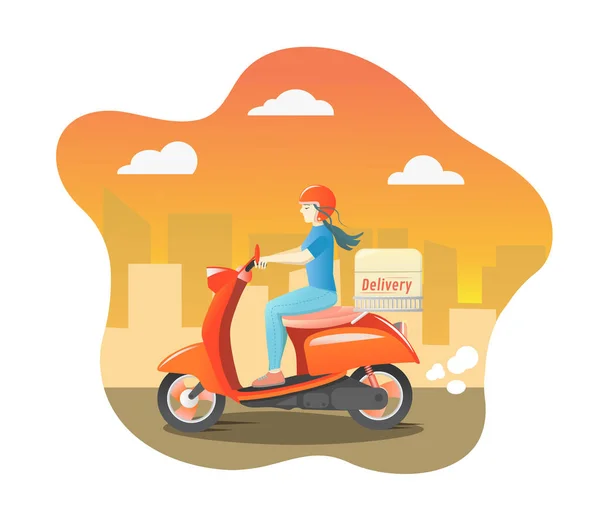 Deliveryman riding a red scooter illustration. Food delivery man vector. Courier on a moped against the backdrop of the city.