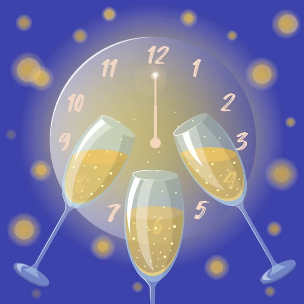 Glasses of champagne on the background of the clock. Meeting the New Year. Vector illustration.