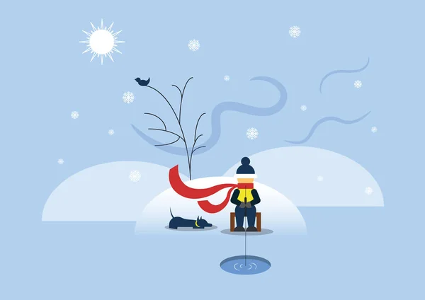 Cute winter vector illustration featuring a fisherman and a loyal pet in nature.
