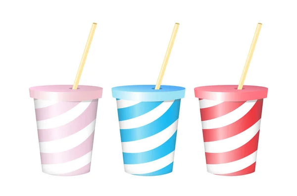 Plastic cups isolated on white background. Bright striped cups with a drink. Vector illustration.