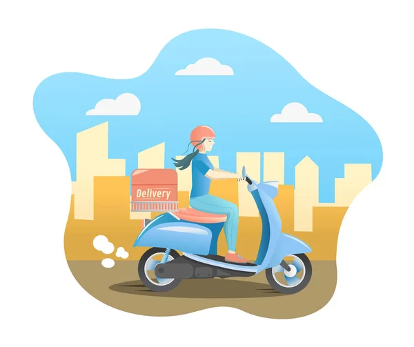 Deliveryman riding a blue scooter. Food delivery man. Courier on a moped against the backdrop of the city. Vector illustration.