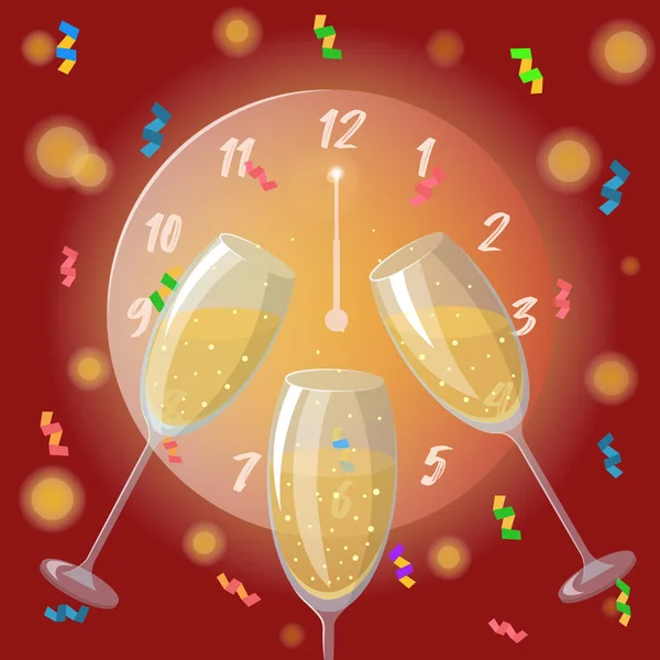 Glasses of champagne on the background of the clock. Postcard for the New Year. Vector illustration.