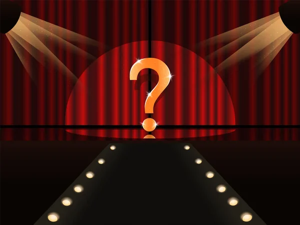Shining question mark on the stage in the light of spotlights. FAQ on the background of red curtains. Who is the winner. Winner announcement. Vector illustration.