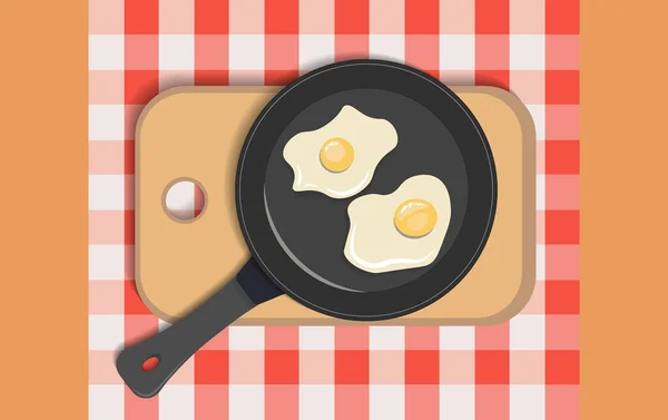 Fried eggs in a frying pan on a cutting board against the background of a table with a checkered tablecloth. Vector illustration.