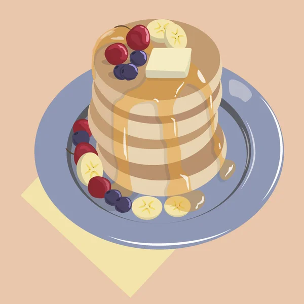 Pancakes with honey and berries on a plate. Vector illustration.