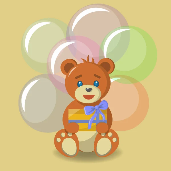 Αρκουδάκι Ένα Δώρο Στο Φόντο Των Μπαλονιών — Διανυσματικό Αρχείο
