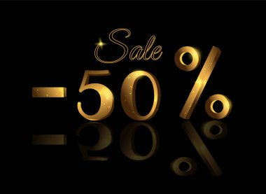 Golden discount 50 percent on a black background. Golden percent sign. Fifty percent off. Isolated vector illustration.