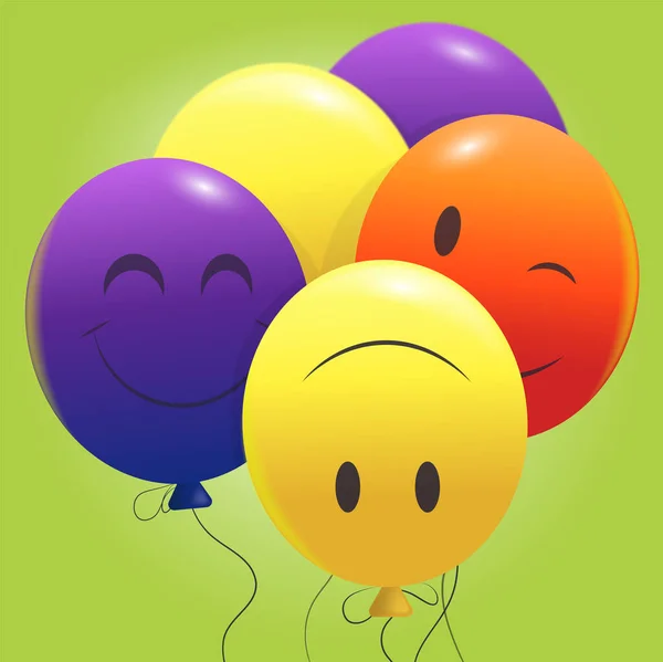 Bright colored balloons with emoticons on a green background. Greeting card. Vector illustration.