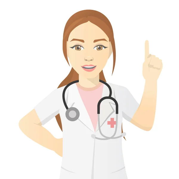 Young doctor in a white coat shows thumbs up. Doctor icon. Nurse avatar. Isolated vector illustration.