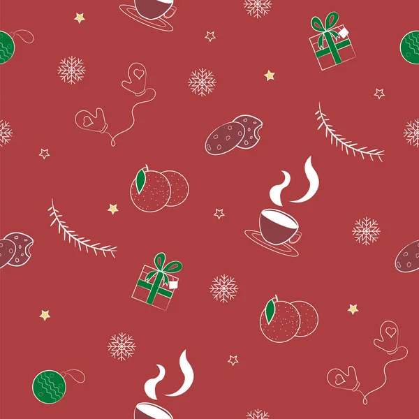 Seamless Christmas and New Year pattern on red background.