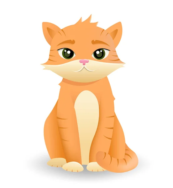 Cartoon cute ginger cat on a white background. Children's print with an animal. Red kitten sitting. Isolated vector illustration.