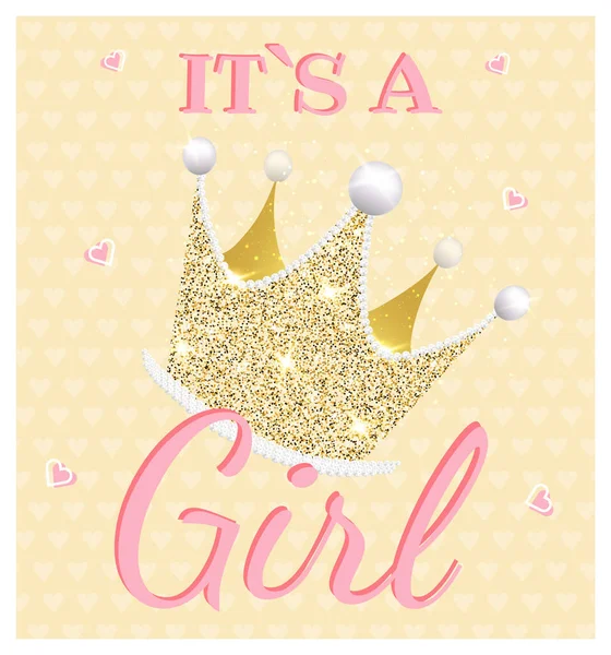 It's a girl. Invitation card with shining crown. Baby shower invitation. Vector illustration.