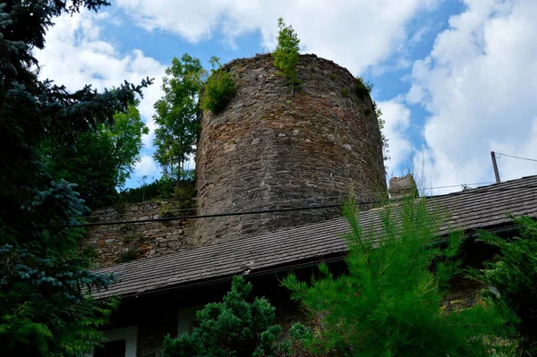 View of the ruins of the round tower of Talmberk from the southeast from the street below the castle (Czech Republic)
