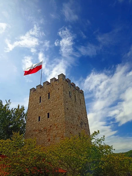 Tower of castle Tropsztyn polish flag waving on top. Summer august 2022