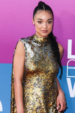 Australian actress Aisha Dee arrives at the Los Angeles Premiere Of Netflix's 'Look Both Ways' held at the Netflix Tudum Theater on August 16, 2022 in Hollywood, Los Angeles, California, United States. 