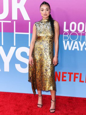 Australian actress Aisha Dee arrives at the Los Angeles Premiere Of Netflix's 'Look Both Ways' held at the Netflix Tudum Theater on August 16, 2022 in Hollywood, Los Angeles, California, United States. 
