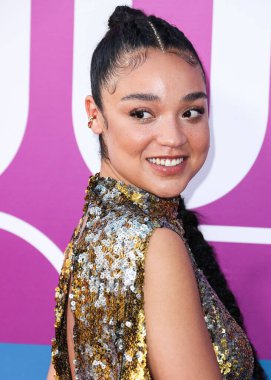 Australian actress Aisha Dee arrives at the Los Angeles Premiere Of Netflix's 'Look Both Ways' held at the Netflix Tudum Theater on August 16, 2022 in Hollywood, Los Angeles, California, United States. 