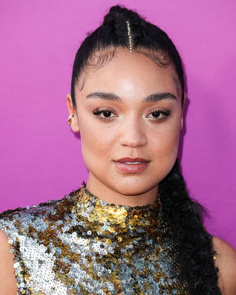 Australian actress Aisha Dee arrives at the Los Angeles Premiere Of Netflix's 'Look Both Ways' held at the Netflix Tudum Theater on August 16, 2022 in Hollywood, Los Angeles, California, United States. 