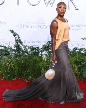 English actress Cynthia Erivo wearing Rick Owens with a Simone Rocha bag arrives at the Los Angeles Premiere Of Amazon Prime Video's 'The Lord Of The Rings: The Rings Of Power' Season 1 held at The Culver Studios on August 15, 2022 in Culver City